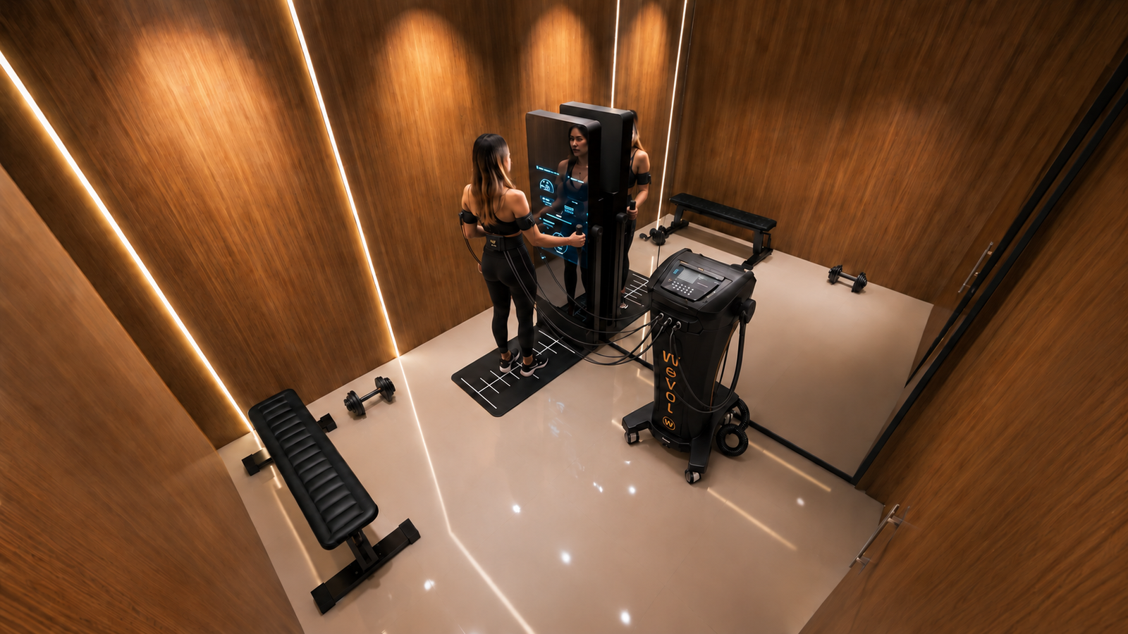 Sala WEVOL com aluna conectada aos equipamentos de treinamento
